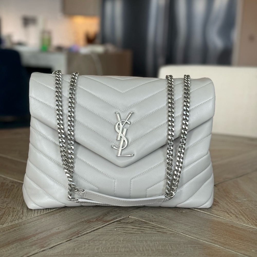 Yves Saint Laurent Light Grey Chevron Quilted Shoulder Bag